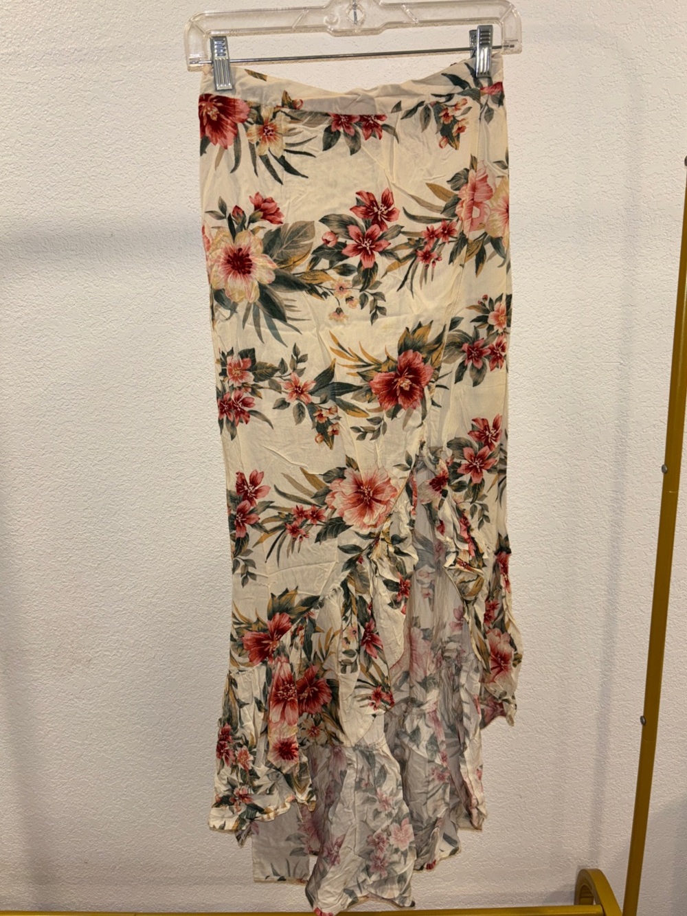 American Eagle Outfitters Floral High-Low Maxi Skirt in Cream, Pink & Green
